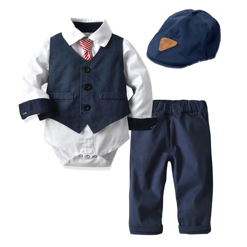 Baby Suits Newborn Boy Clothes Romper + Vest + Hat Formal Clothing Outfit Party Bow Tie Children Toddler Birthday Dress 0- 24 M